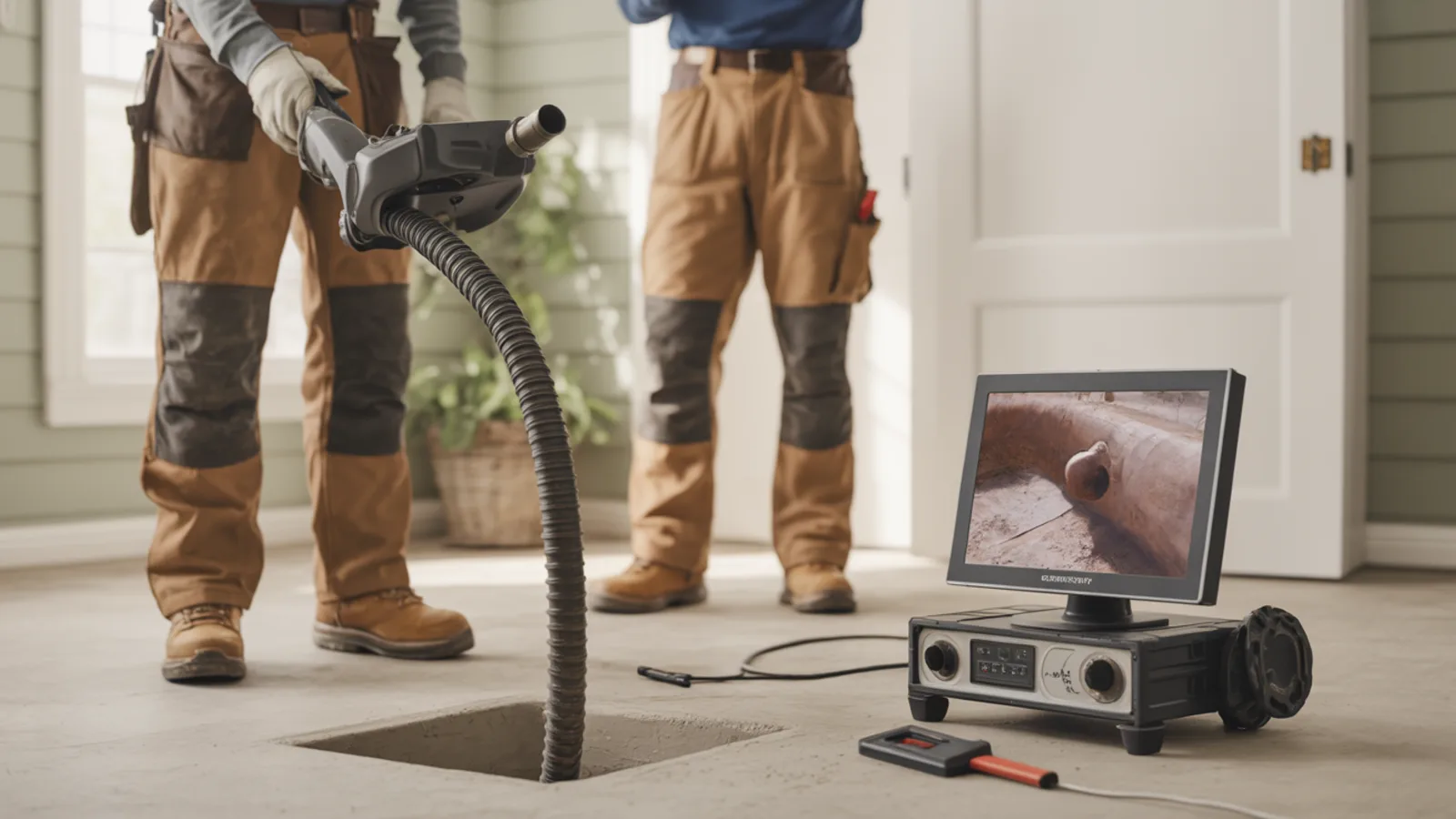 Professional sewer camera reel, monitor, and pushrod at a residential access point