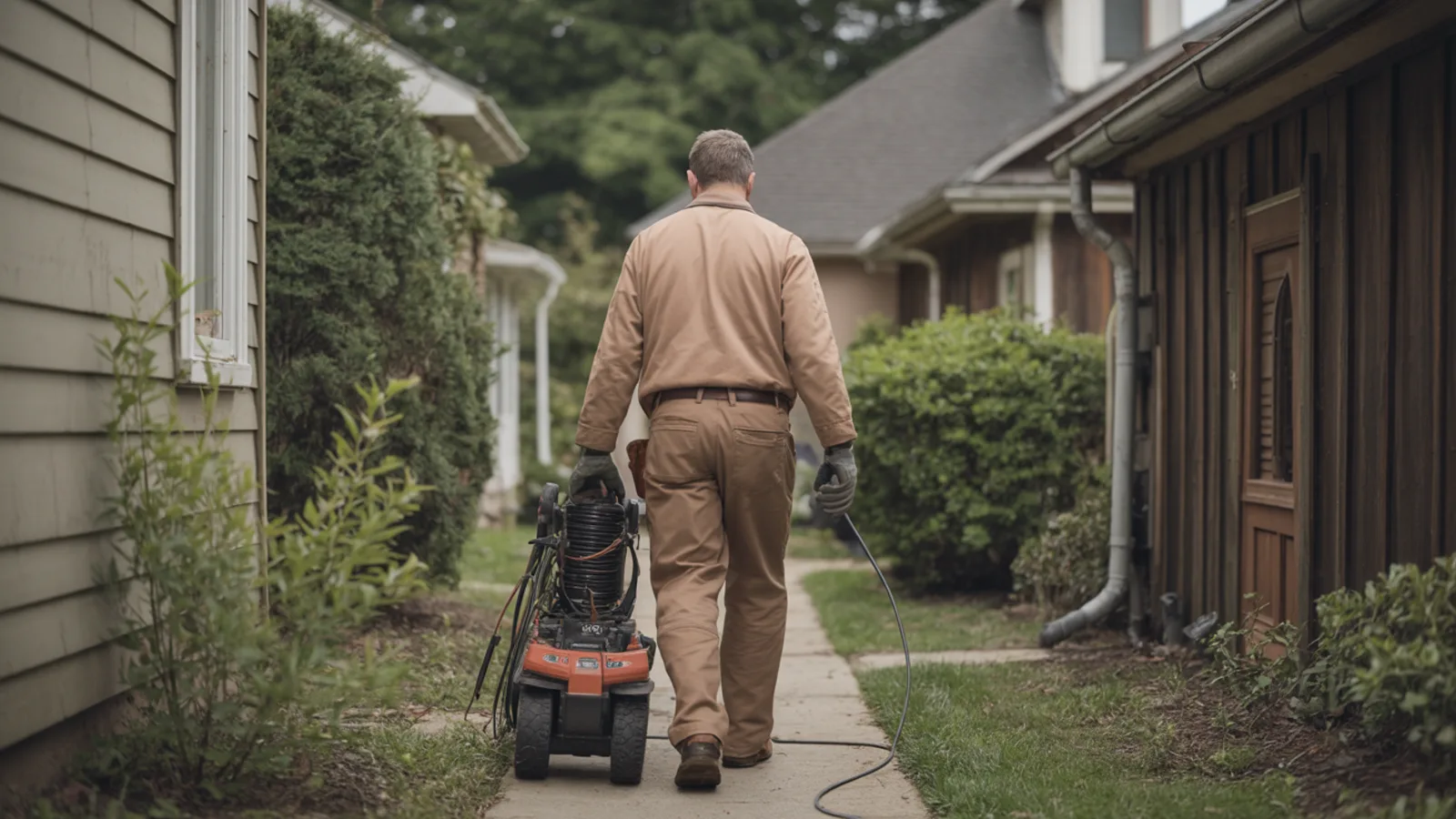 Sewer technician moving compact inspection equipment through a residential side yard