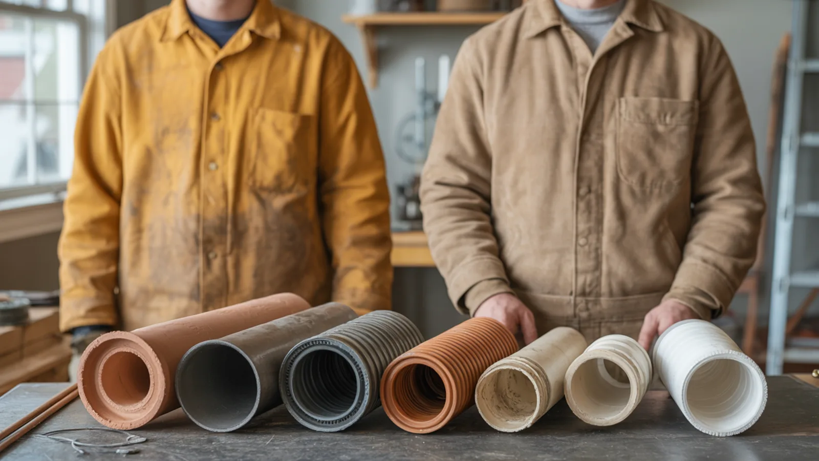 Residential sewer pipe material samples showing clay, metal, fiber pipe, and PVC