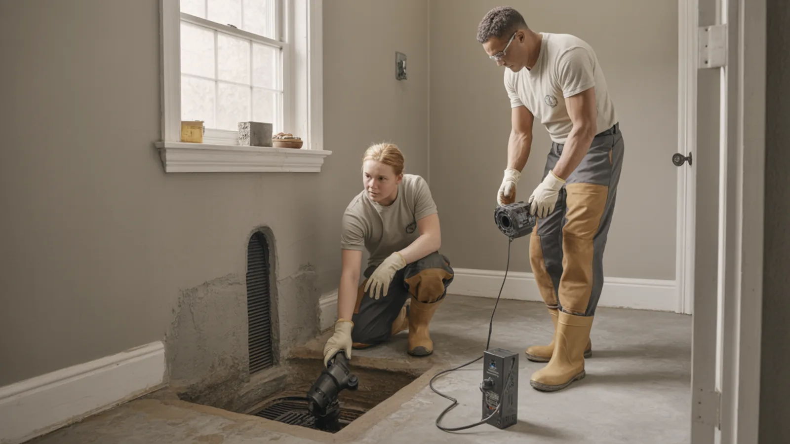 Technicians safely isolating and inspecting a residential sewer backup area